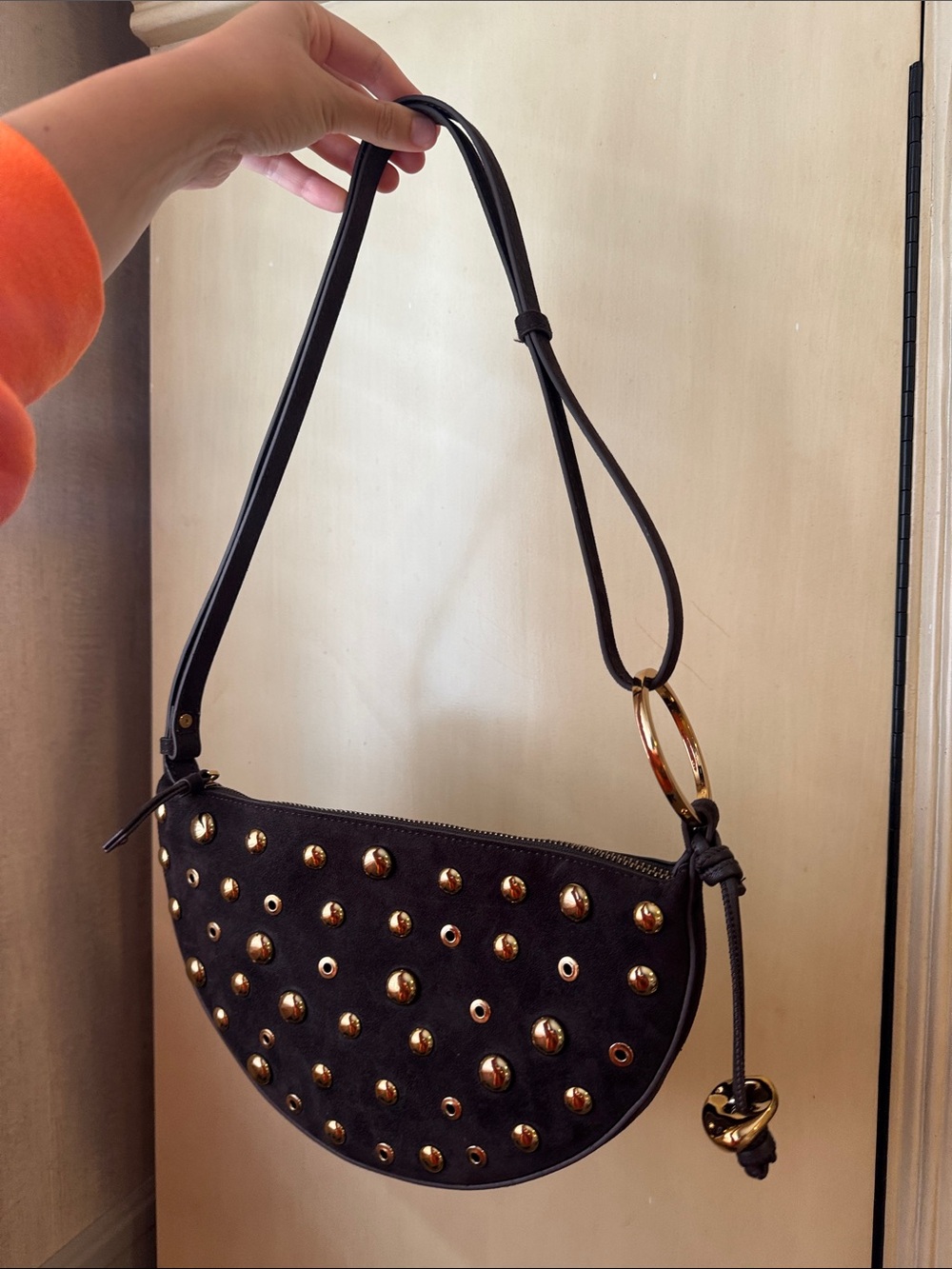 Brown Studded Crescent Suede Shoulder Bag with Gold Hardware